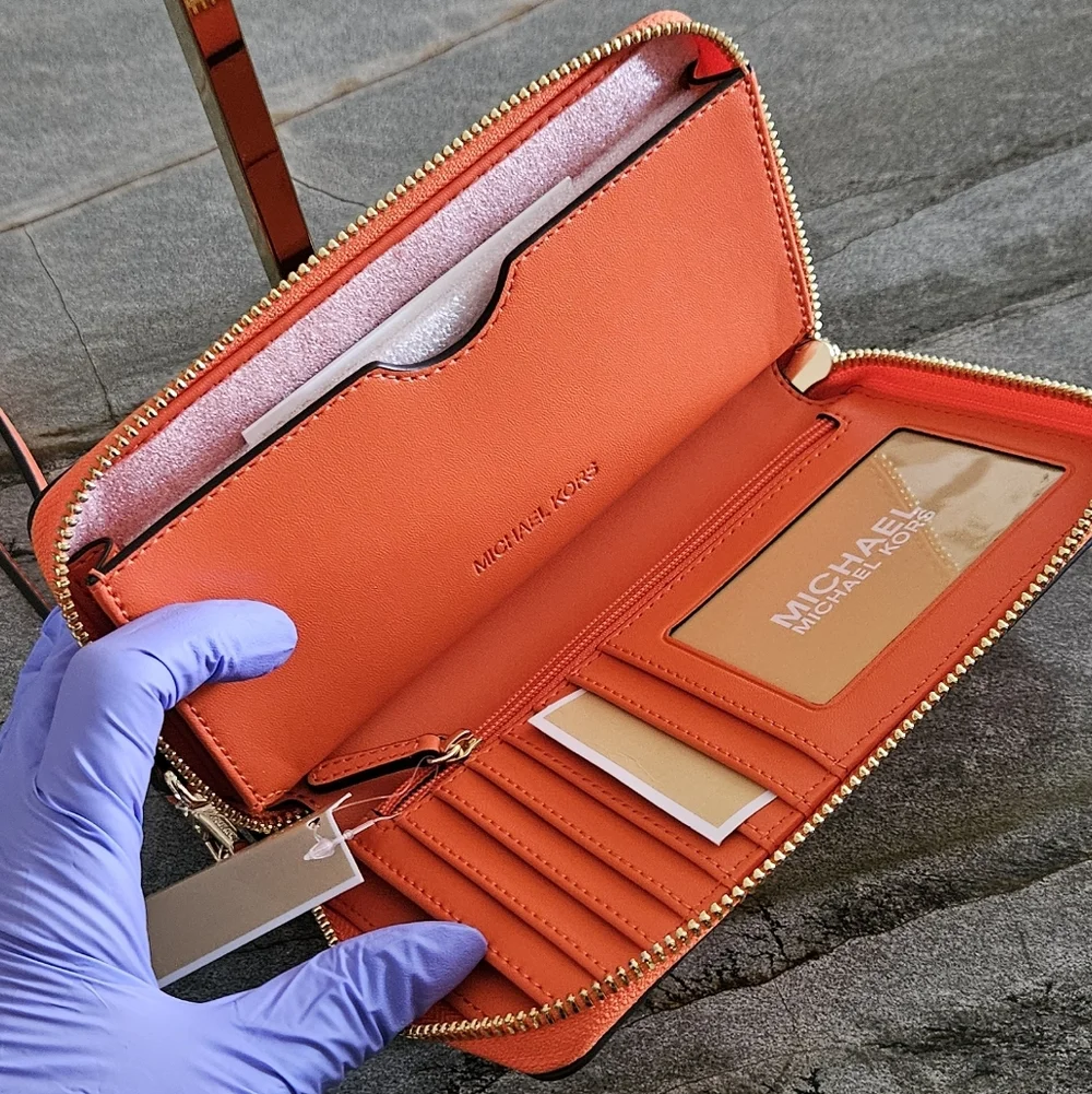 NWT Michael Kors Woven Leather Zip-Around Wristlet Wallet | Orange